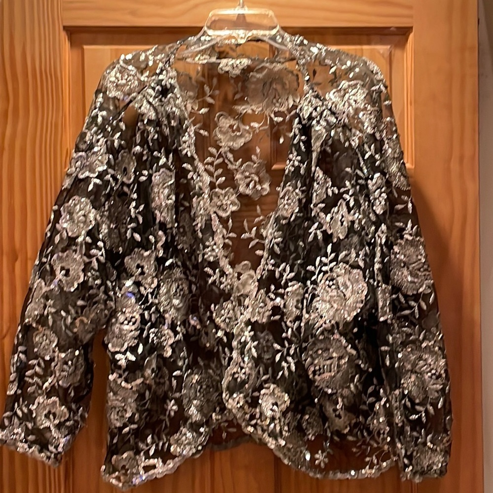 Woman’s STUNNING Silver and Black Mesh Dressy Top